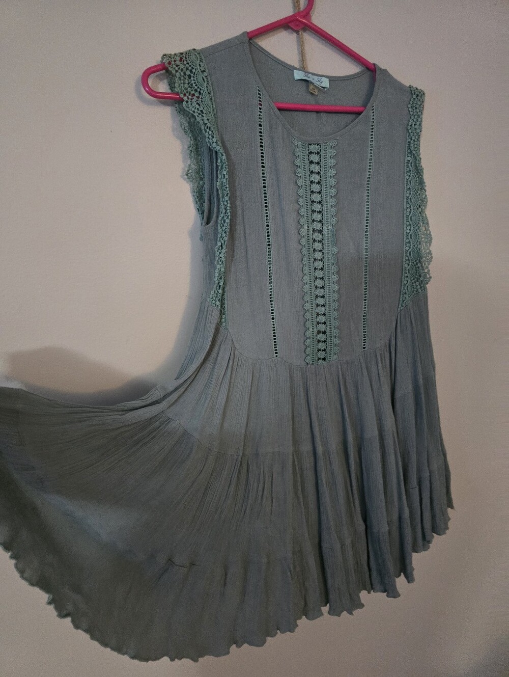 She + Sky Sage Green Sleeveless Tiered Lace-Trim Short Tunic Dress